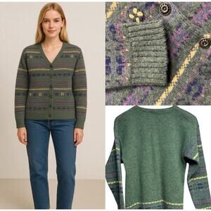 Vintage Northern Reflections Fair Isle Wool Cardigan Sweater Green Size Large